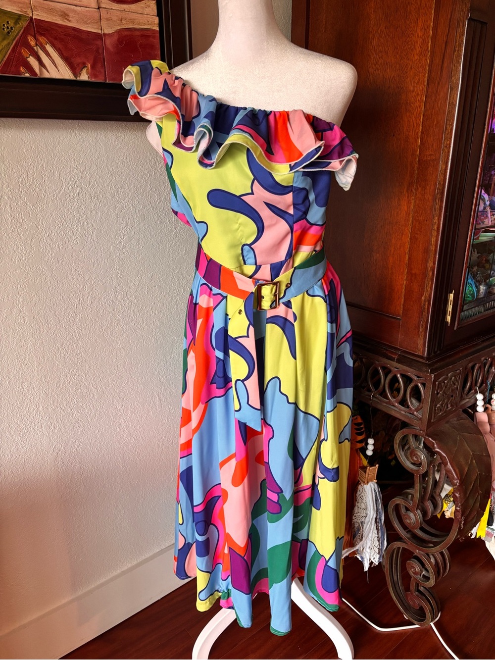 One-Shoulder Multicolor Ruffle Belted Dress